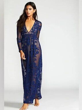 For Love & Lemons Temecula Blue Lace Maxi Dress | Sheer Floral Formal Gown Size